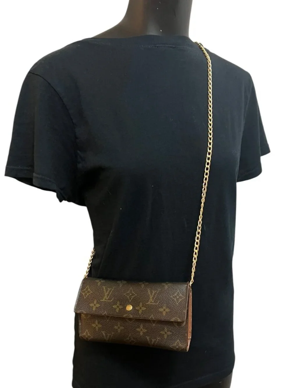 Vintage Louis Vuitton Monogram Canvas Trifold Crossbody Wallet Gold Chain Strap